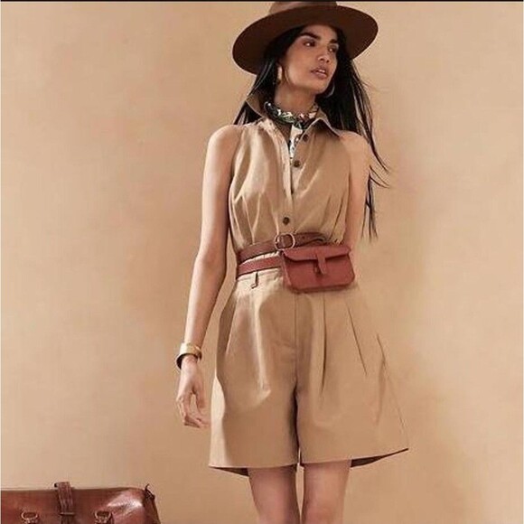 Banana Republic Pants - Banana Republic Tan Safari Utility Romper Belted Sleeveless Size 6